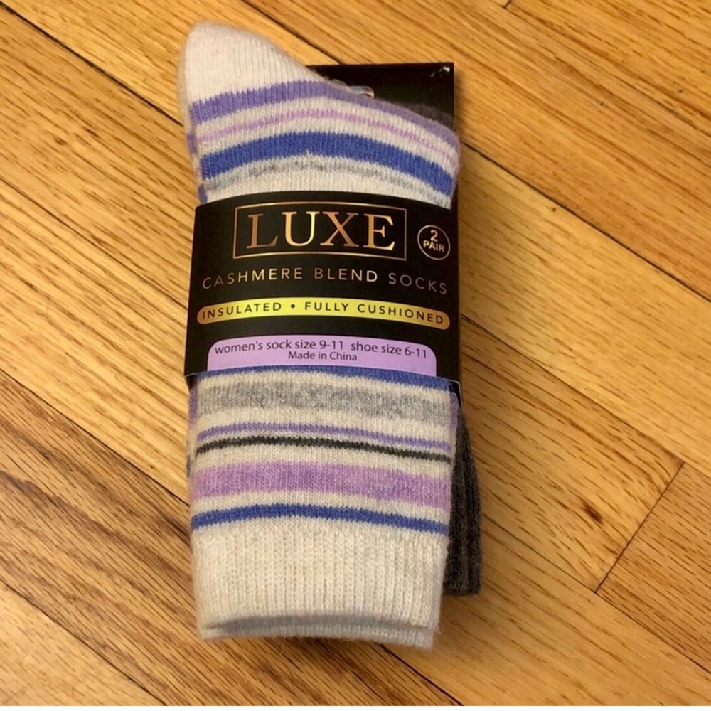 Luxe Cashmere Blend Socks - 1 pair Cream and Purple striped and 1 pair gray - Picture 1 of 4
